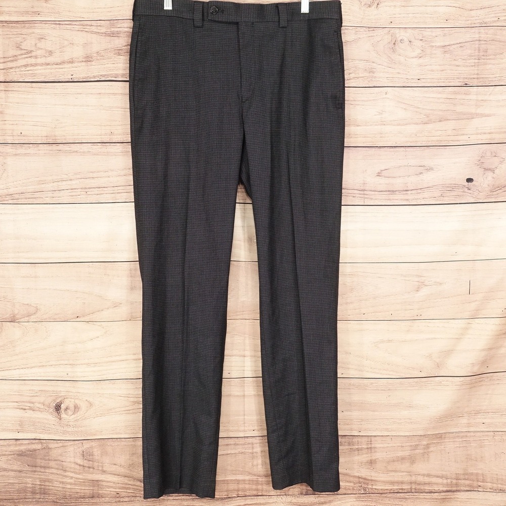 Calvin Klein Dress Pants Men 34x32 Grey Flat Front Micro Check Pant